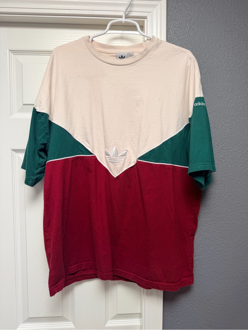 adidas Men’s Colorblock Crew Tee in Cream, Green & Red